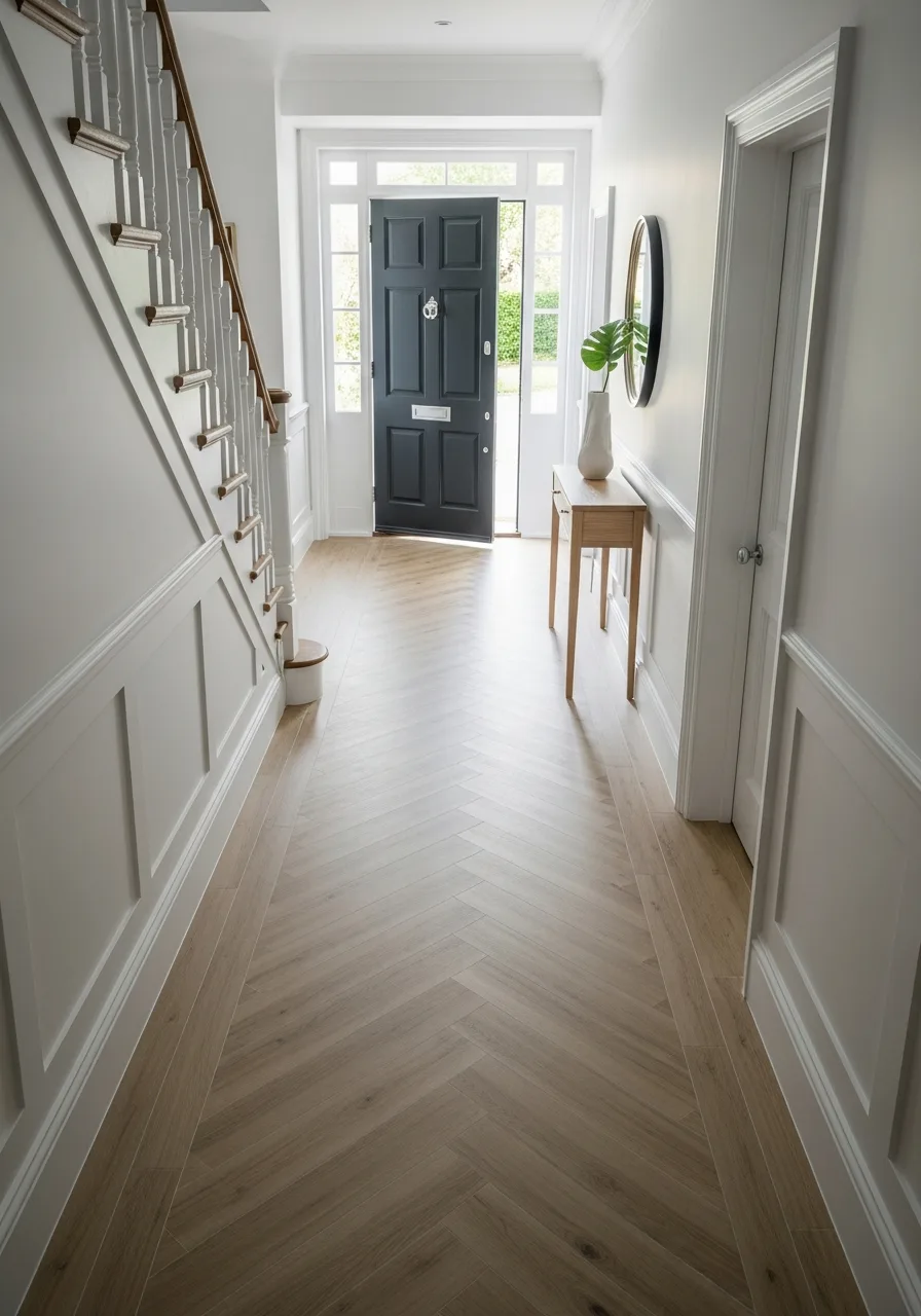 Light oak LVT flooring fitted in a London hallway