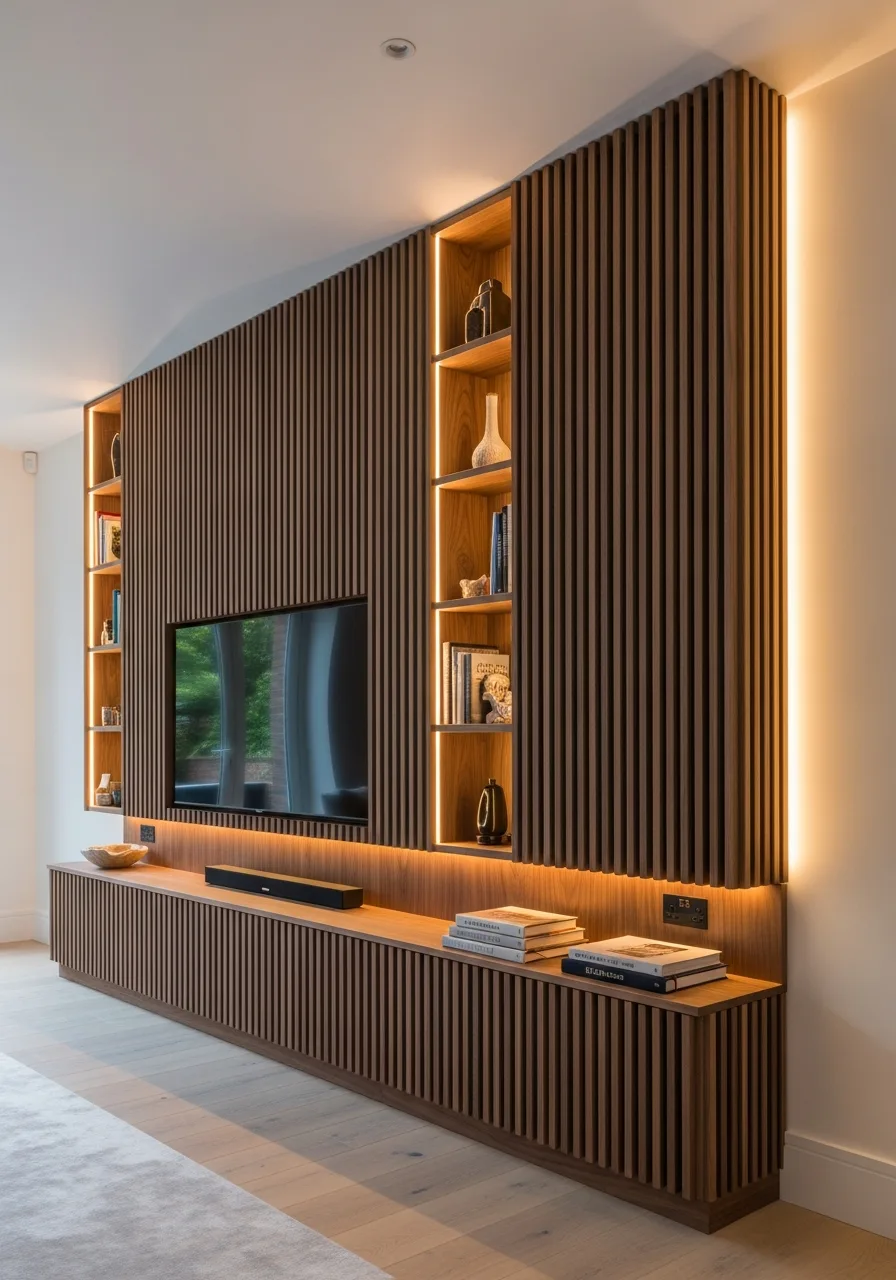 Bespoke floor-to-ceiling walnut media wall with integrated lighting