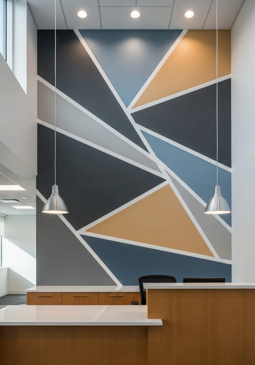 Office reception fit-out with a geometric painted feature wall