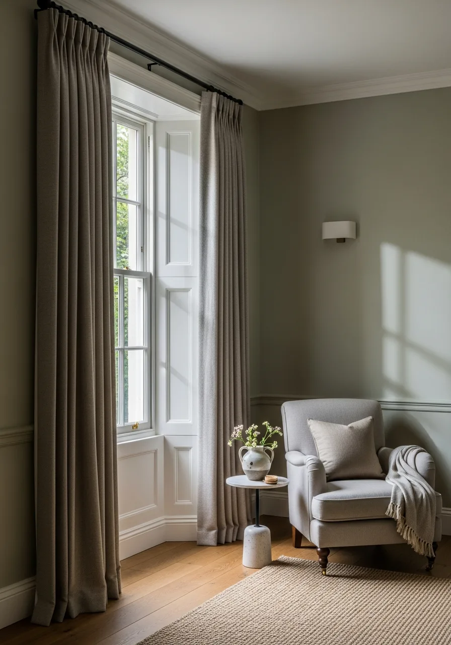Freshly redecorated living room with sage walls and white woodwork