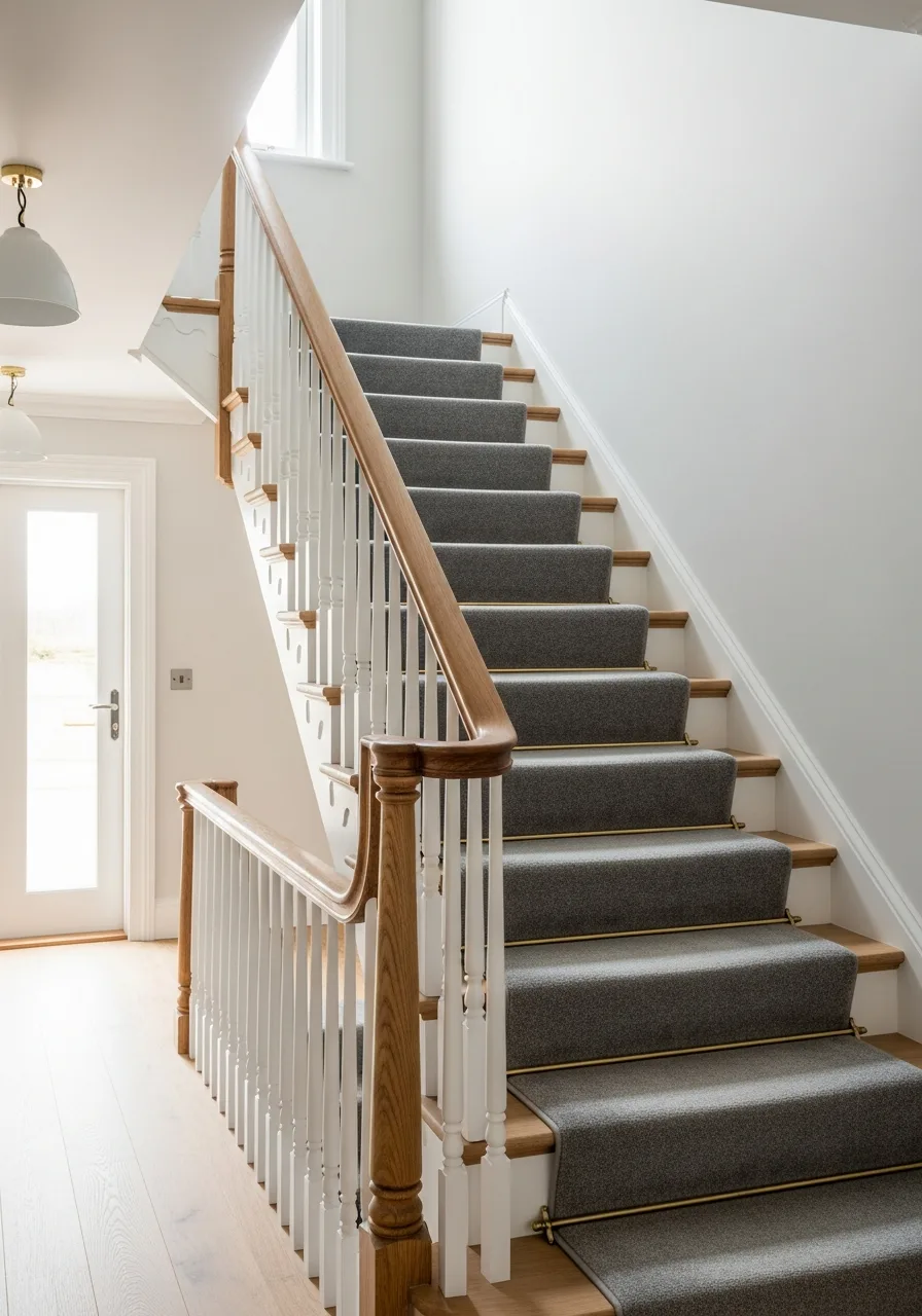Renovated staircase with grey stair runner and brass rods