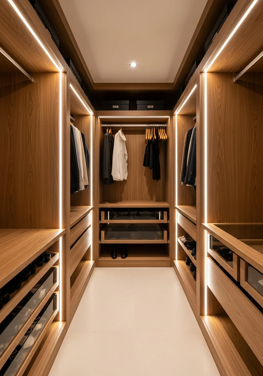 Walk-in wardrobe suite with full-height rails and LED lighting