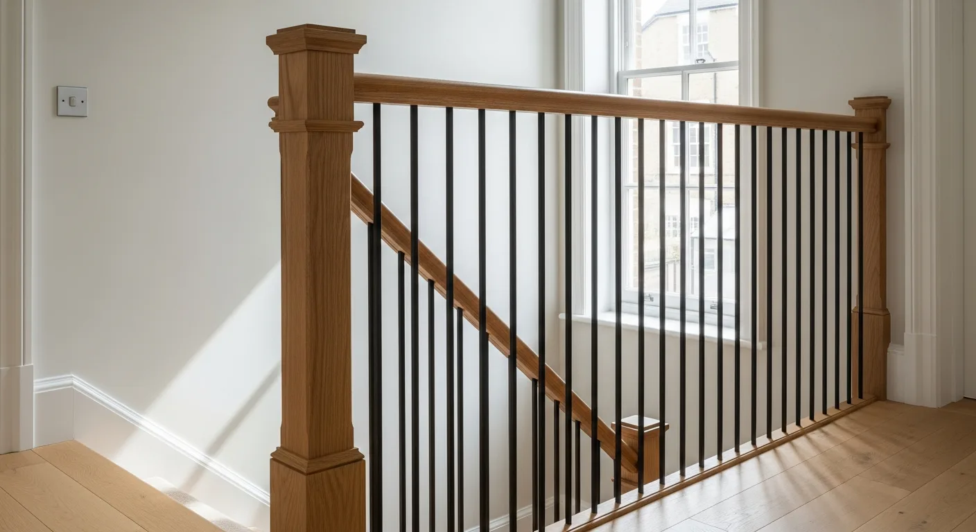 Upgraded staircase balustrade with slim spindles and oak handrail