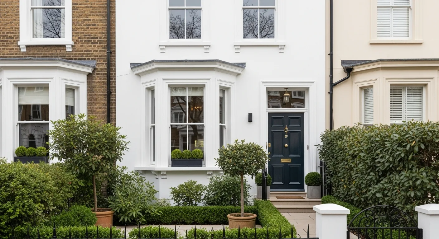 Freshly painted London townhouse exterior with crisp white frames