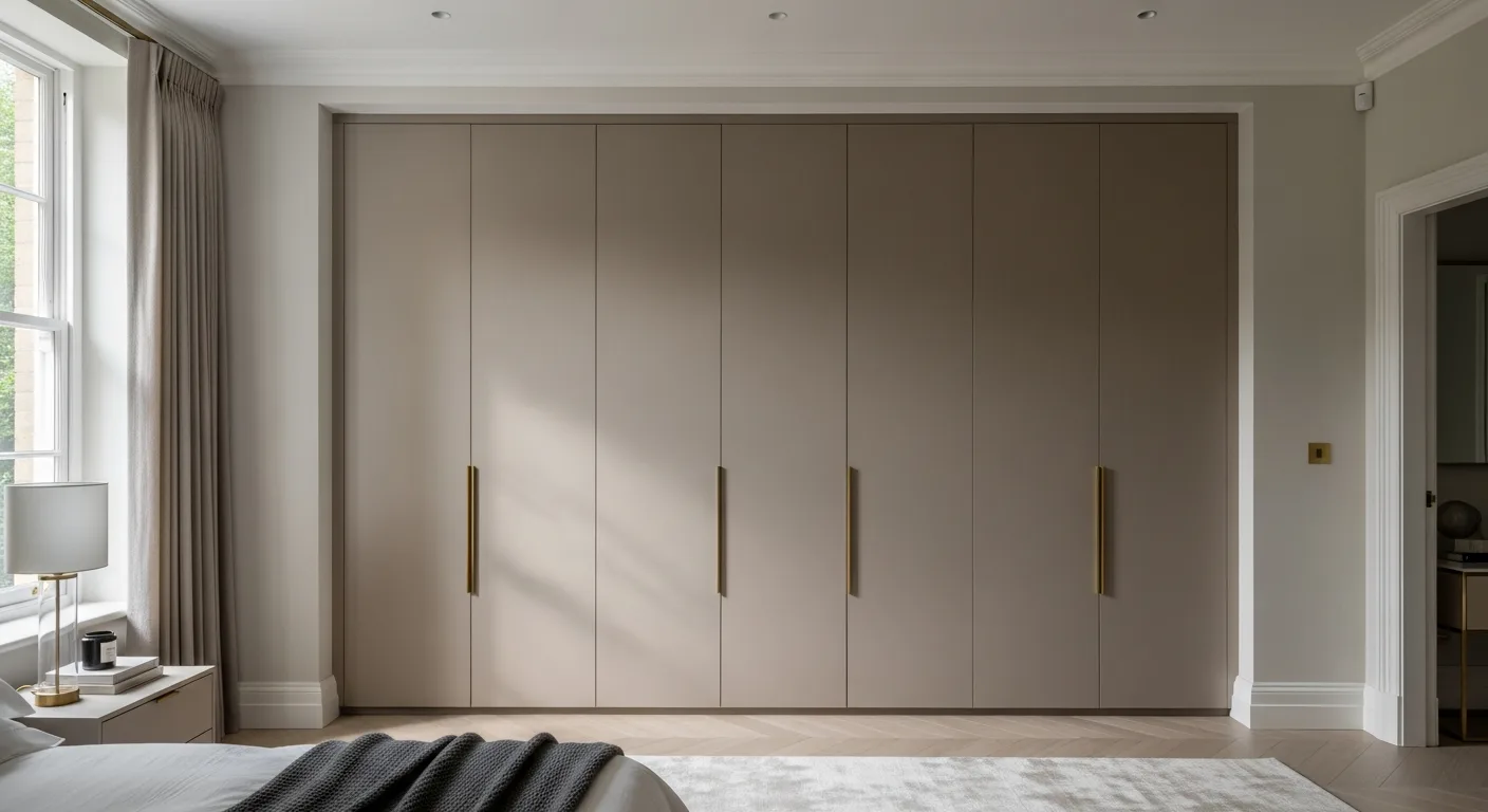 Floor-to-ceiling fitted wardrobes in an elegant London bedroom