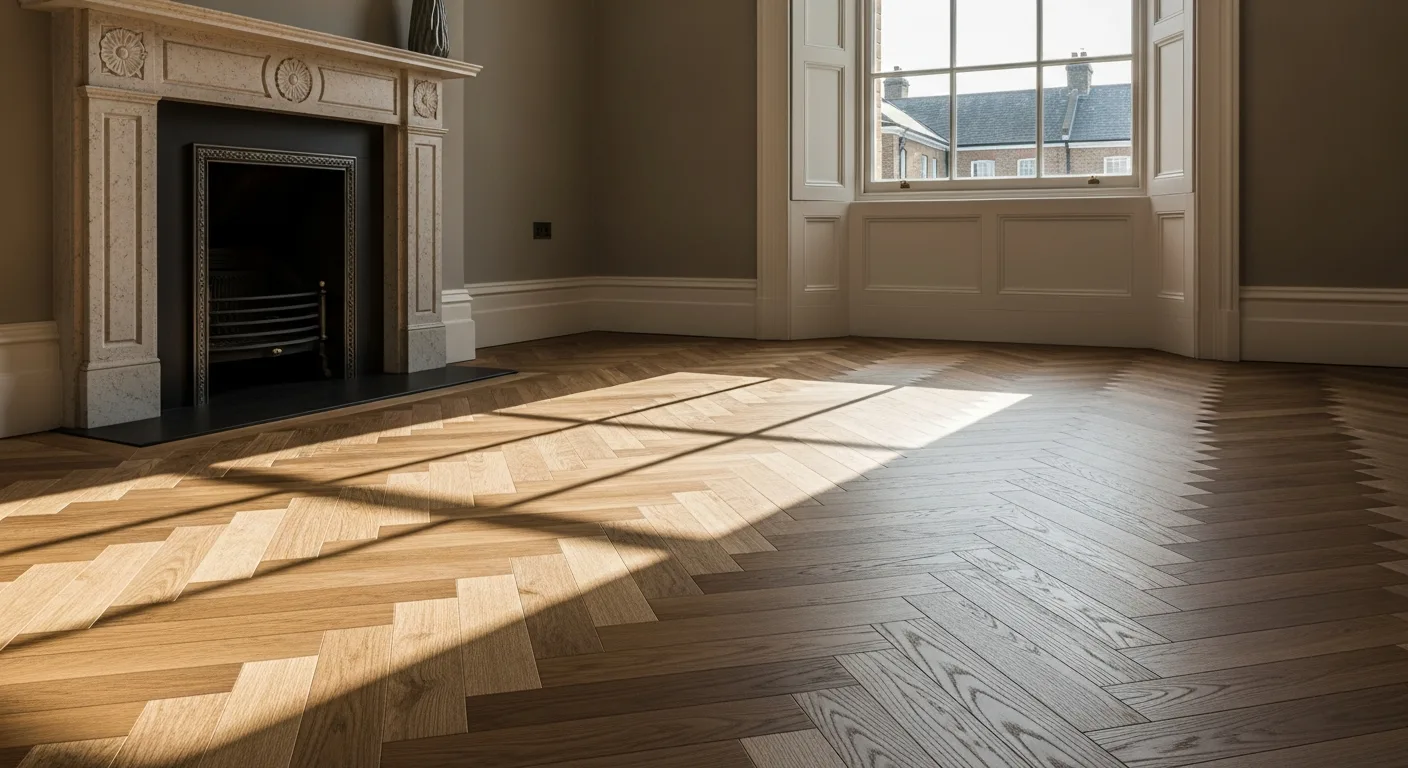 Engineered oak herringbone flooring in a period London living room