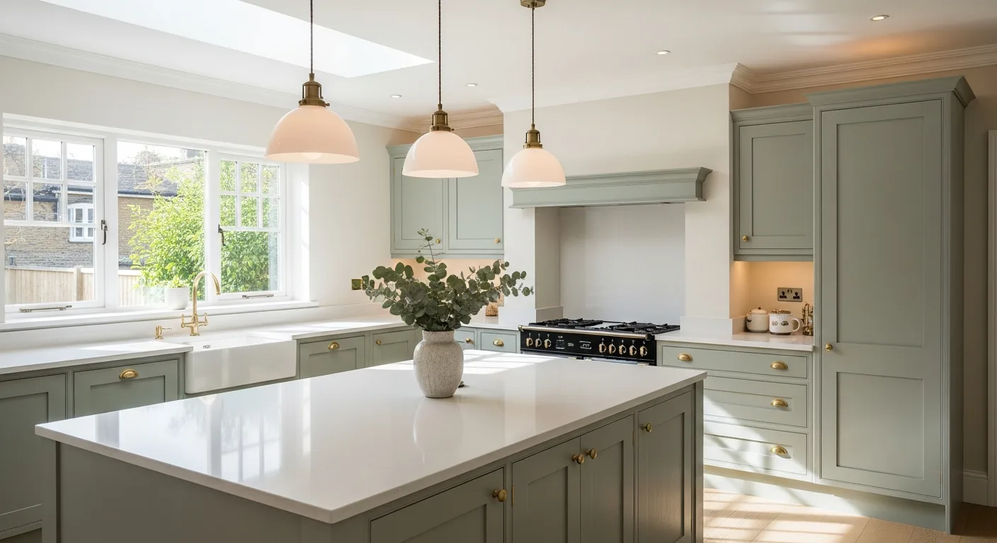 Newly installed sage green shaker kitchen with quartz worktops