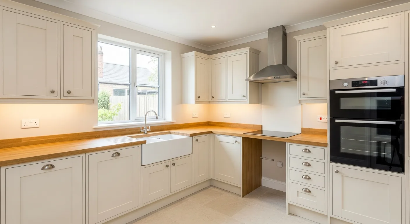Refurbished kitchen with replaced doors and new worktops