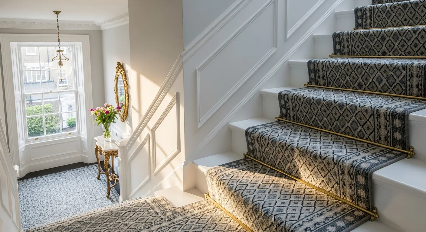 Patterned stair runner fitted to a painted staircase with brass rods