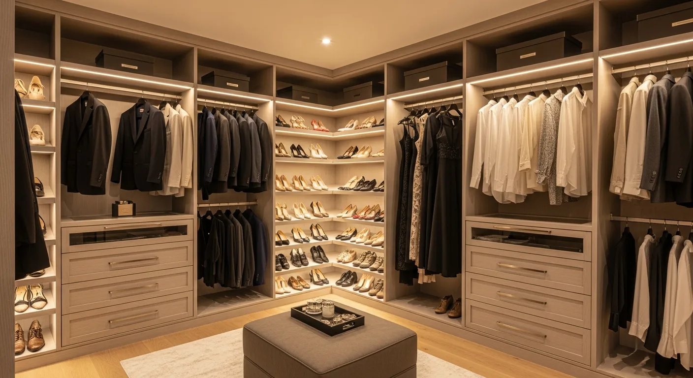 Walk-in wardrobe dressing room with rails, shelving and drawers