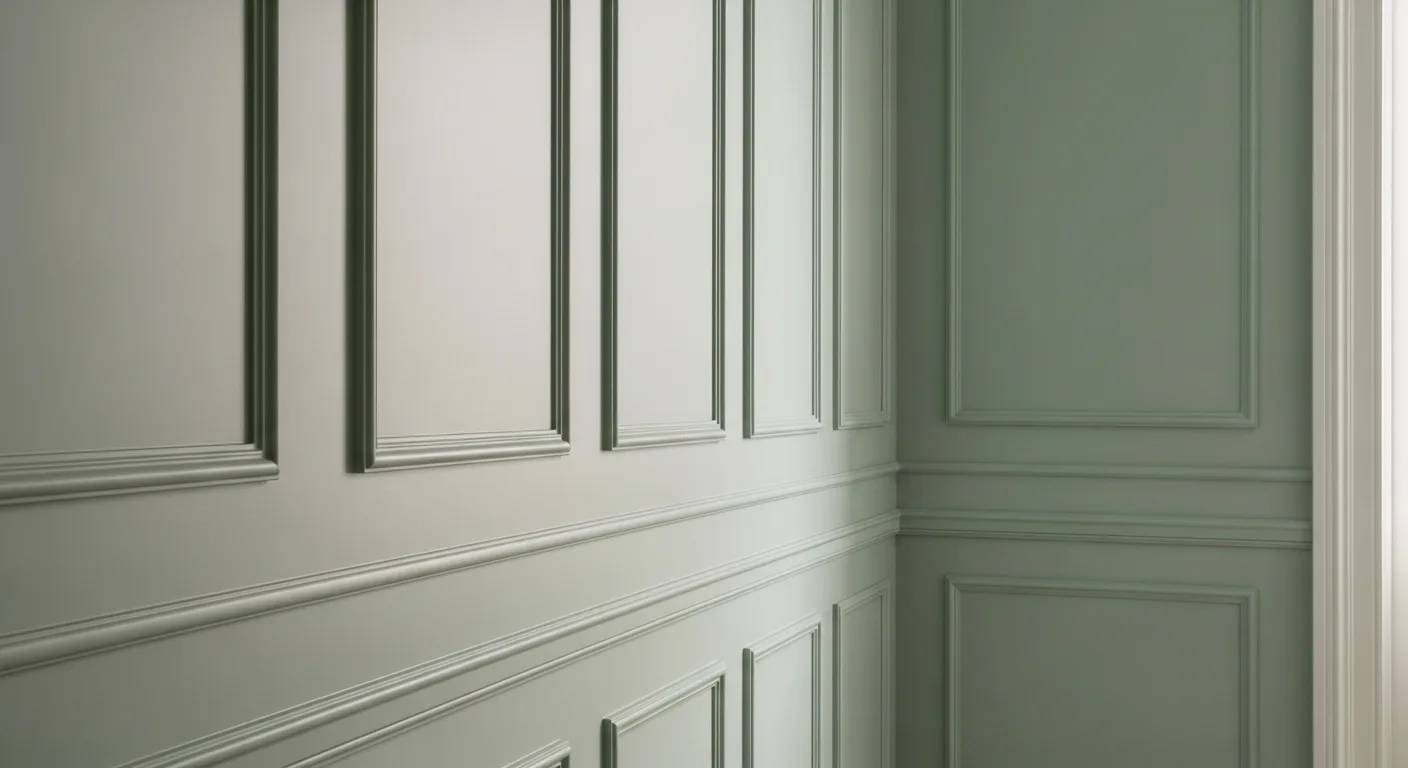 Painted wall panelling in a London hallway with even spacing