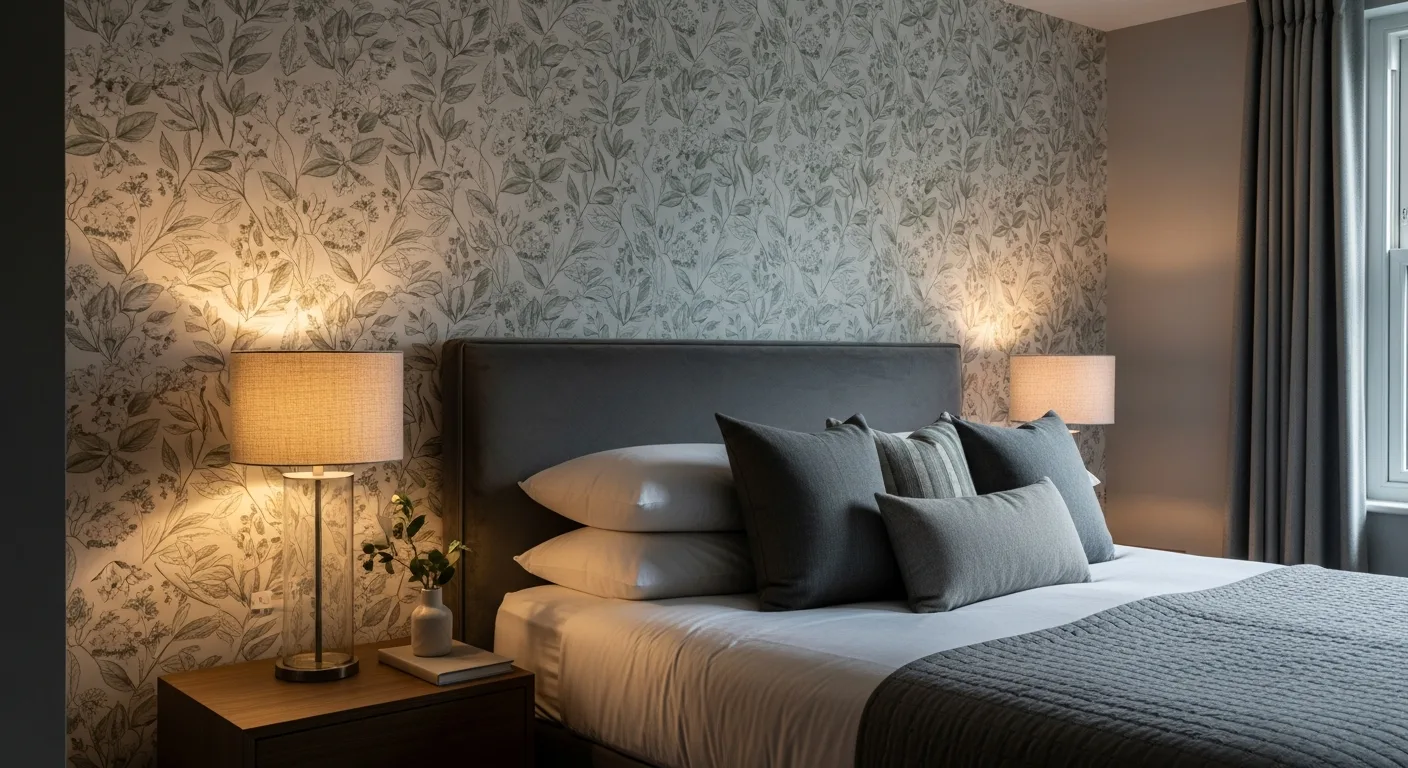 Feature wallpaper hung with perfectly aligned pattern in a bedroom
