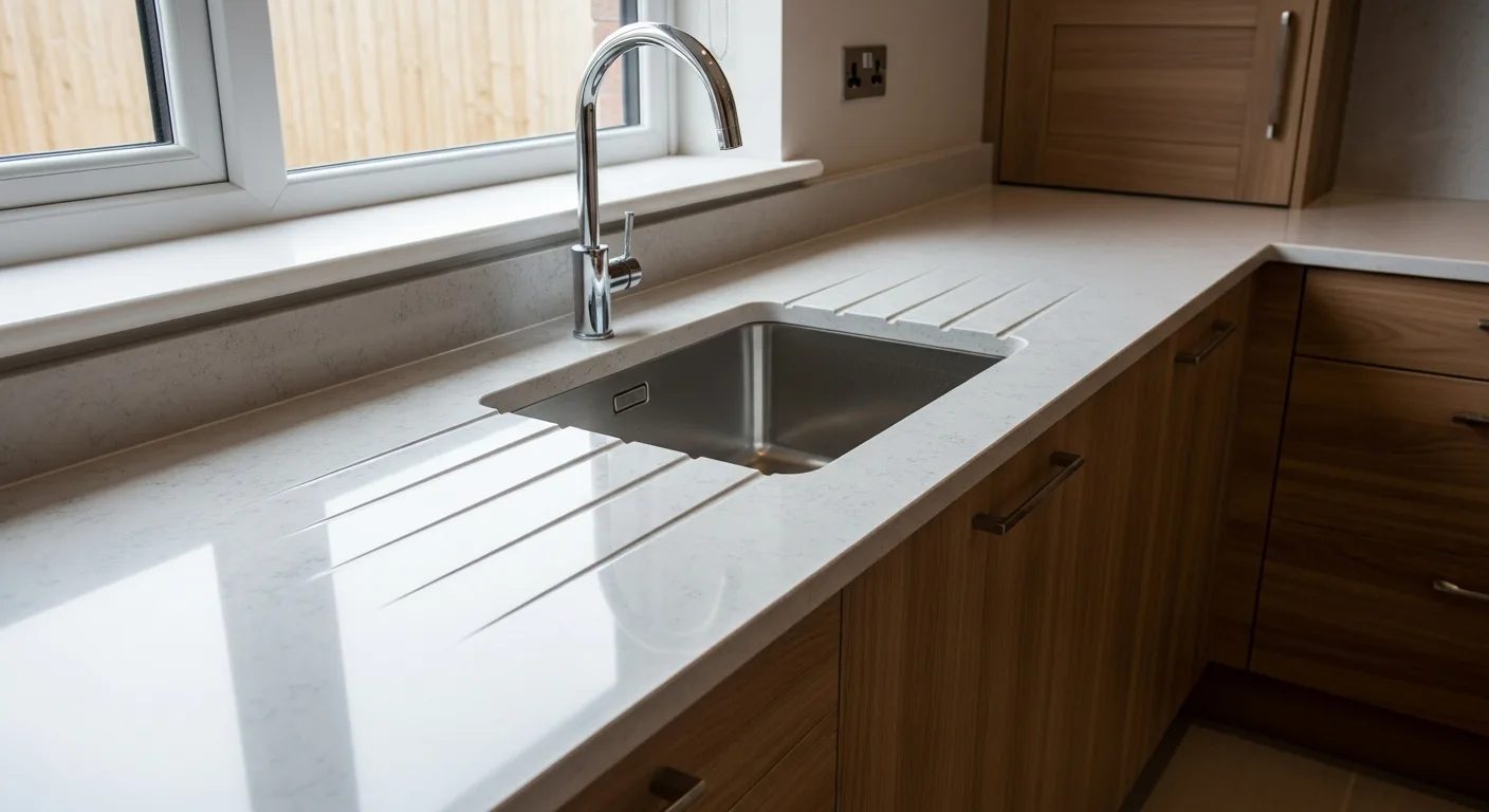 Newly fitted quartz kitchen worktop with a neat sink cut-out